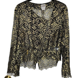 Haute Hippie Metallic Paisley Lace Sheer Jacket Moto Style Gold Black Medium